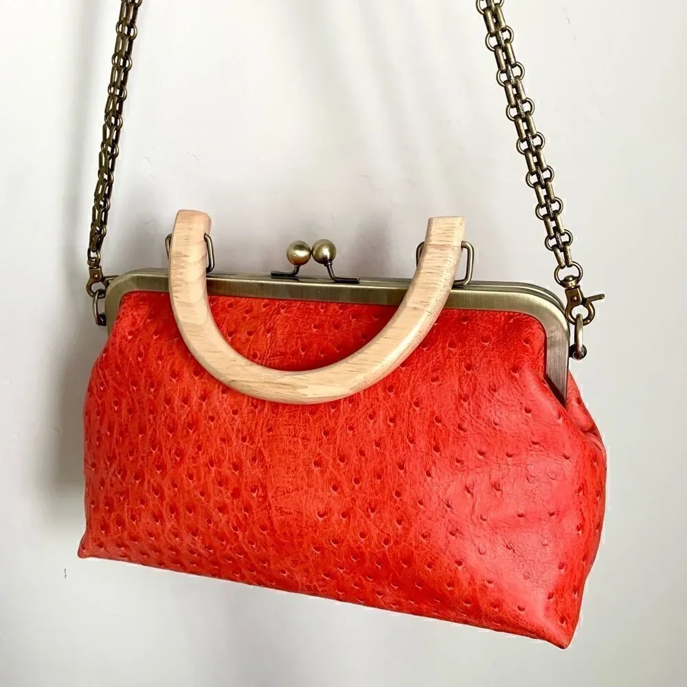 Handmade Genuine Ostrich Textured Cowhide, Wood Handle Kisslock Metal Frame Bag